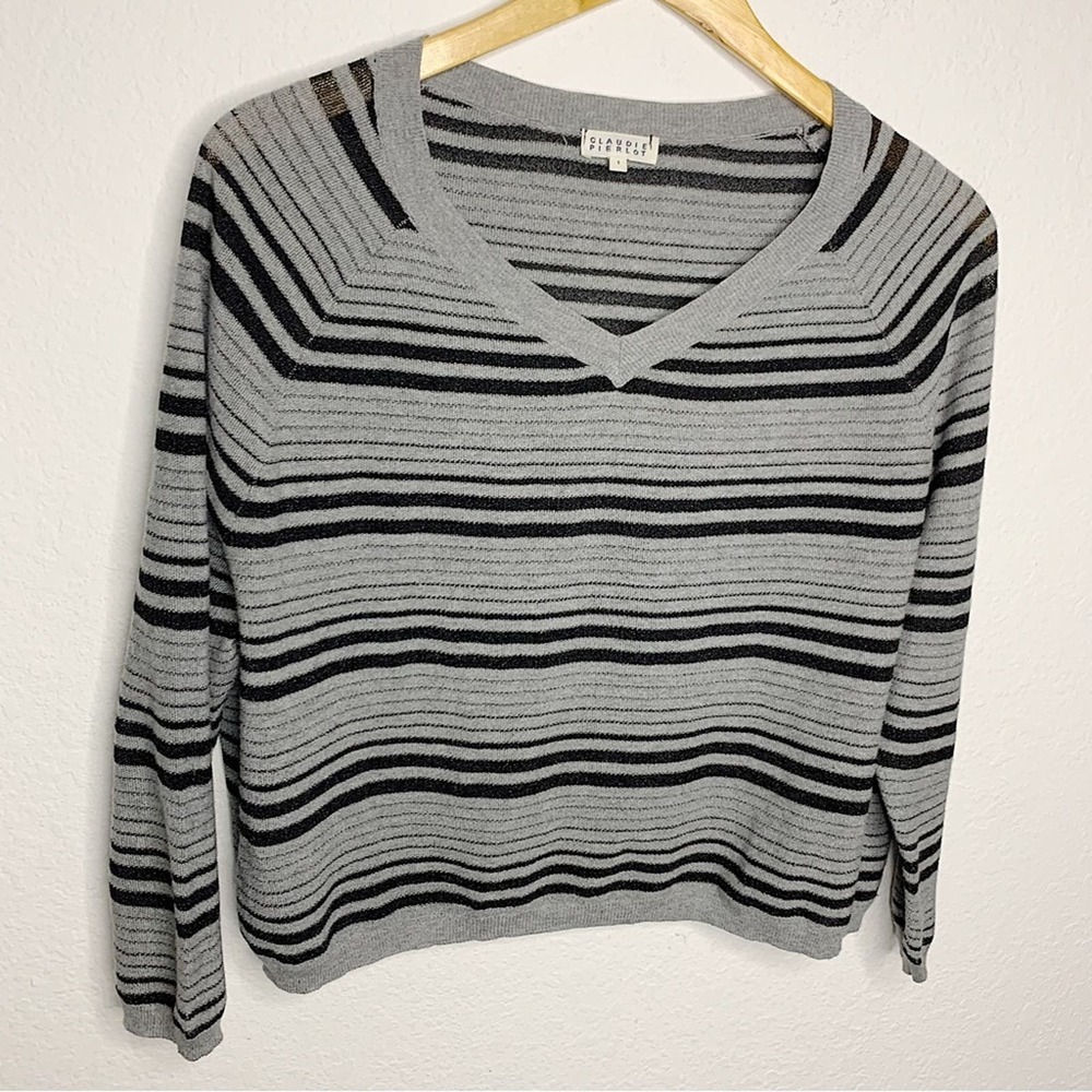 Claudie Pierlot Grey and Black Horizontal Stripe Knit V-Neck Top Size T1 | EU 36
